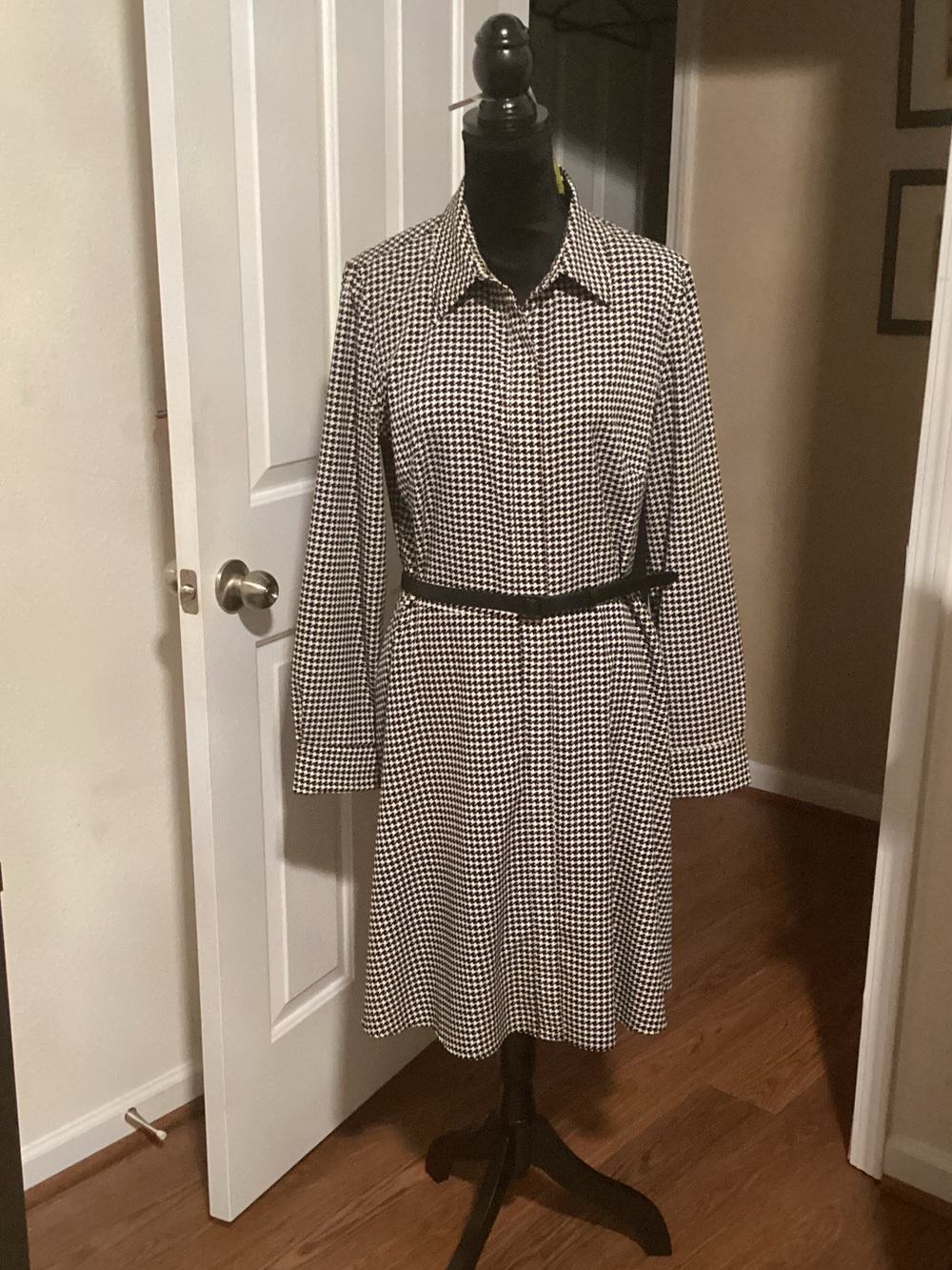 Lauren Ralph Lauren Black and White Houndstooth Long-Sleeve Shirt Dress